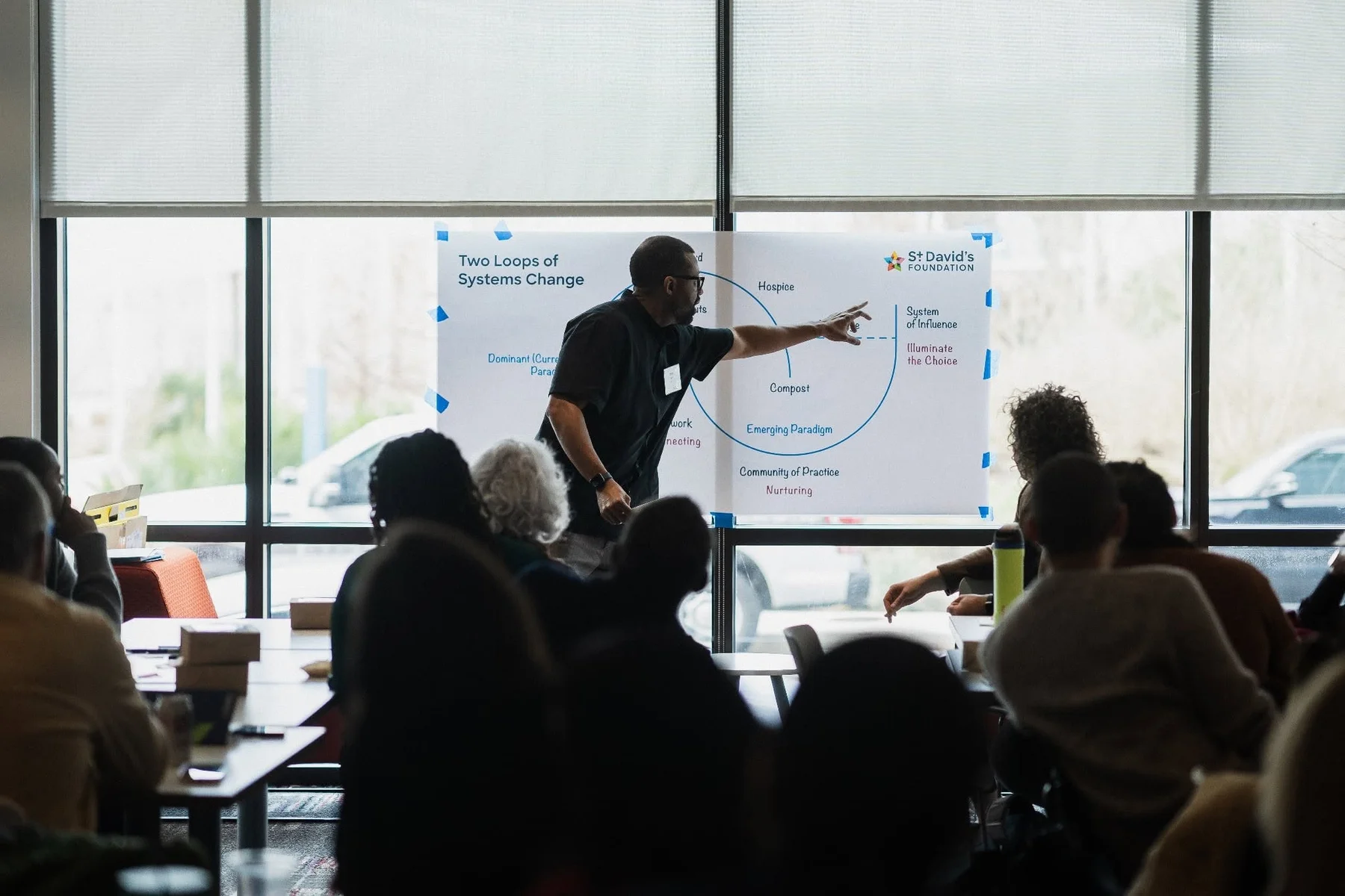 Bavu Blakes leading a workshop at a whiteboard